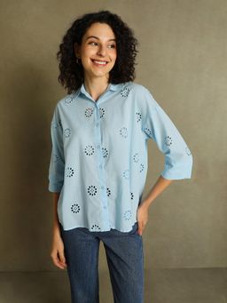 DL WOMAN - Light Blue Schiffler Spread Collar Full Sleeves Shirt