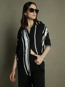 DL WOMAN - Black Printed Stripes Collared Cotton Shirt