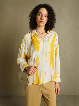 DL WOMAN - Yellow Printed Spread Collar Full Sleeves Oversized Shirt