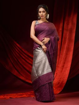 CHARUKRITI - Plum Purple Cotton Silk Handwoven Zari Stripes & Zari Pallu Saree with Unstitched Blouse