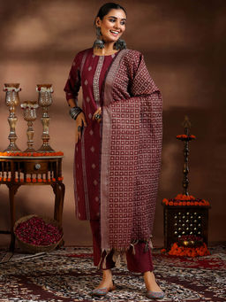 Libas - Maroon Cotton Blend Woven Design Kurta Sets for Women