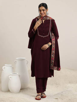 Libas - Maroon Wool Blend Yoke Design Kurta Sets for Women