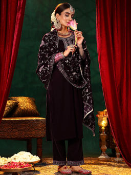 Libas - Burgundy Velvet Yoke Design Kurta Sets for Women