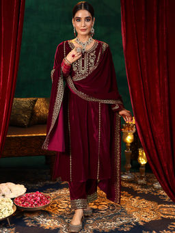 Libas - Maroon Velvet Yoke Design Kurta Sets for Women