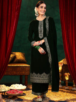 Libas - Green Velvet Embroidered Kurta Sets for Women