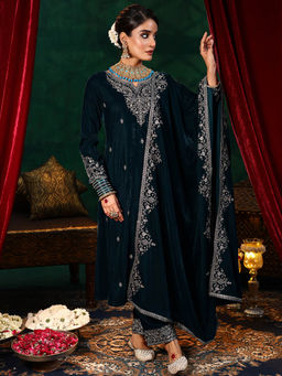 Libas - Teal Blue Velvet Embroidered Kurta Sets for Women
