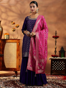 Libas - Purple Silk Blend Woven Design Kurta Sets for Women