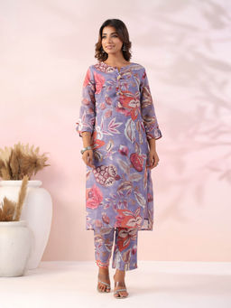 FASHOR - Purple Floral Kurta and Pant (Set of 2)