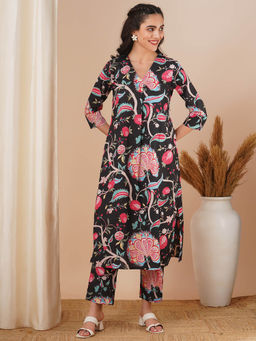 FASHOR - Black Floral Kurta and Pant (Set of 2)