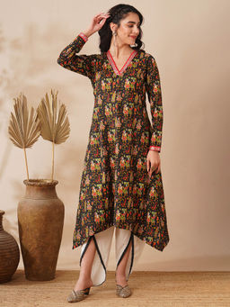 FASHOR - Black Printed Kurta and Dhoti Pant (Set of 2)