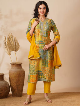 FASHOR - Yellow Abstract Kurta with Pant and Dupatta (Set of 3)