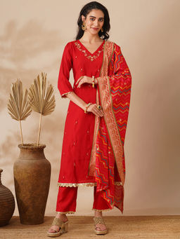 FASHOR - Red Printed Kurta with Pant and Dupatta (Set of 3)
