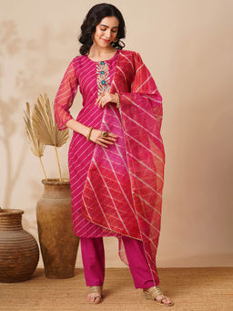 FASHOR - Magenta Printed Kurta with Pant and Dupatta (Set of 3)