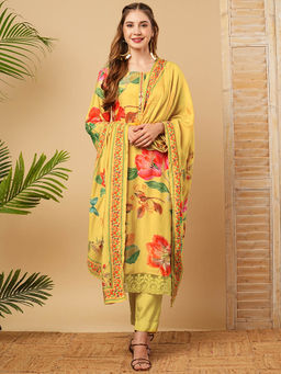 FASHOR - Yellow Floral Kurta with Pant and Dupatta (Set of 3)