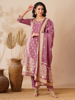FASHOR - Purple Floral Kurta with Pant and Dupatta (Set of 3)