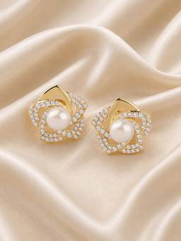 Ornate Jewels - 925 Silver Yellow Gold 6 MM Freshwater Pearl Flower Stud Earring for Women & Girls