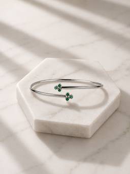Ornate Jewels - 925 Silver Rhodium Plating Green Emerald Cuff Flexible Bangle for Women & Girls