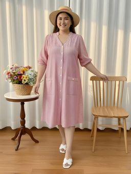 Indietoga - Women Plus Size Pink Striped Cotton A-Line Shirt Dress