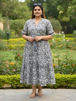 Indietoga - Women Plus Size Black Floral Print Cotton Fit and Flare Tiered Midi Dress