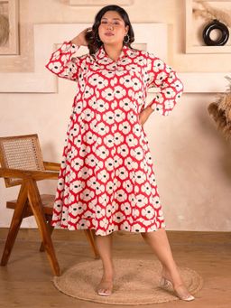 Indietoga - Women Plus Size Red Floral Print Cotton Flared Midi Dress