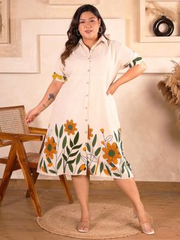Indietoga - Women Plus Size Beige Floral Print Cotton Midi Shirt Dress