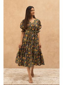 Polago Clothing - Green Floral Cotton Midi Dress with Belt