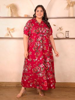 Indietoga - Womens Plus Size Maroon Floral Printed Polyester Crepe Fit and Flare Maxi Dress
