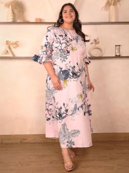 Indietoga - Womens Plus Size Pink Floral Printed Polyester Crepe Fit and Flare Maxi Dress