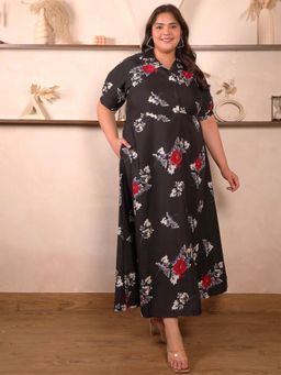 Indietoga - Womens Plus Size Black and Red Floral Printed Crepe Fit and Flare Maxi Dress