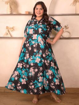 Indietoga - Womens Plus Size Black and Green Floral Printed Crepe Fit and Flare Maxi Dress