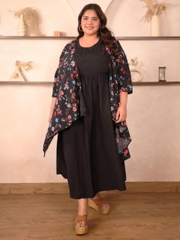 Indietoga - Womens Plus Size Crepe Black Solid Long Maxi Dress with Floral Printed Shrug