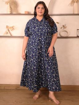 Indietoga - Womens Plus Size Blue Floral Printed Polyester Crepe Fit and Flare Maxi Dress