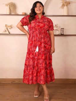 Indietoga - Womens Plus Size Red Floral Printed Cotton Tiered A-Line Midi Dress