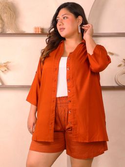 Indietoga - Women Plus Size Rust Orange Solid Rayon Co-Ord Set
