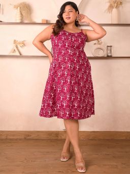 Indietoga - Womens Plus Size Pink Hand Block Printed Pure Cotton Knee Dress with Pockets