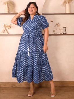 Indietoga - Womens Plus Size Blue Geometric Printed Cotton Tiered A-Line Midi Dress