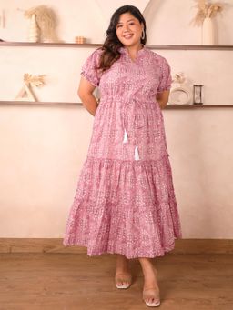 Indietoga - Womens Plus Size Pink Geometric Printed Cotton Tiered A-Line Midi Dress