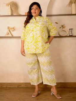 Indietoga - Women Plus Size Lime Yellow Floral Printed Cotton Co-Ord Set