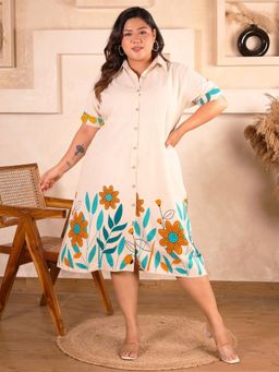 Indietoga - Womens Plus Size Beige Blue Floral Printed Cotton A-Line Midi Dress