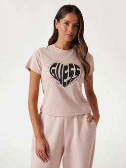 Guess - Pink Julia Rhinestone Cotton Blend Printed T-Shirt