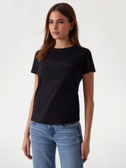 Guess - Black Script Logo Pure Cotton Embroidered T-Shirt