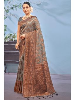 Sangam Prints - Grey Cotton Woven Zari Work Traditional Tassel Saree with Unstitched Blouse