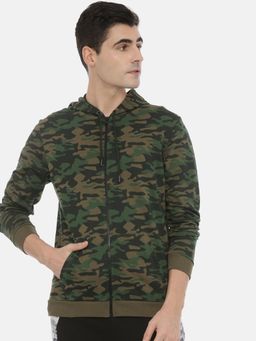 3PIN - Men Green Camouflage Printed Hooded Sweatshirt