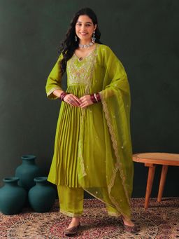Gahan - Lime Green Silk Blend Zari Sequence Embroidered Kurta with Pant and Dupatta