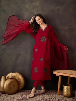 Gahan - Red Silk Blend Thread Embroidered with Mirror Work Kurta with Pant and Dupatta