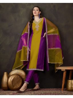 Gahan - Yellow & Purple Silk Blend Zari Embroidered Kurta with Pant and Dupatta
