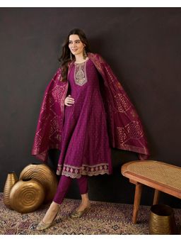 Gahan - Purple Silk Blend Zari Sequence Embroidered Anarkali with Pant and Dupatta