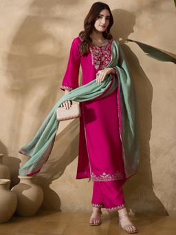 Gahan - Magenta Silk Blend Zari Sequence Embroidered Kurta with Pant and Dupatta