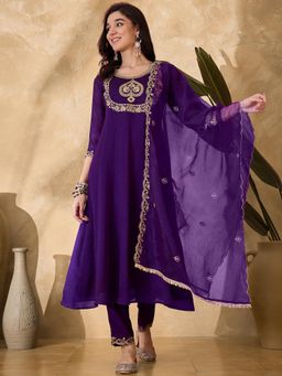Gahan - Purple Silk Blend Zari Sequence Embroidered Kurta with Pant and Dupatta