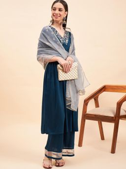 Gahan - Women Zari Thread work Turquoise Blue Silk Blend Kurta with Pant and Dupatta